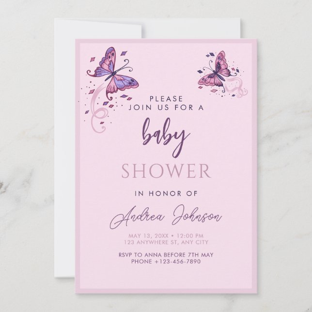 Hübsch Pink Lila Butterfly Baby Dusche Party Einladung (Vorderseite)