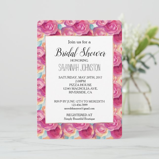Hübsch Pink Peach Blume Brautparty Einladung (Stehend Vorderseite)