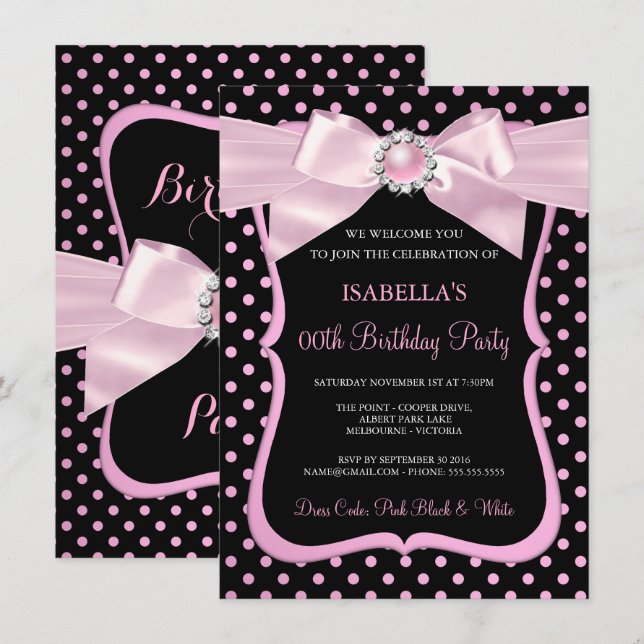 Hübsch Pink Pearl Bow Black Polka Dot Birthday Einladung (Vorne/Hinten)