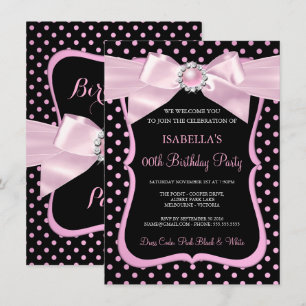 Hübsch Pink Pearl Bow Black Polka Dot Birthday Einladung