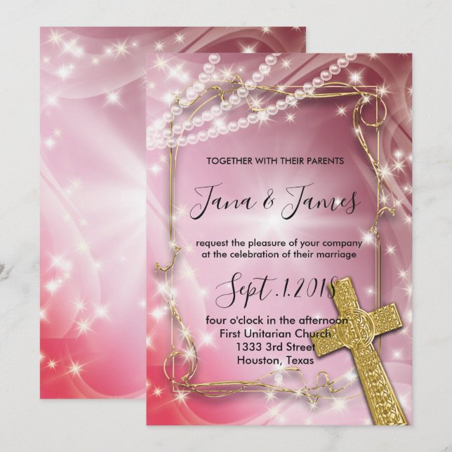 Hübsch Pink Pearl Cross Hochzeit Einladung (Vorne/Hinten)