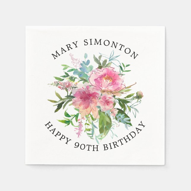 Hübsch Pink Peony Floral 90. Geburtstag Serviette (Vorderseite)