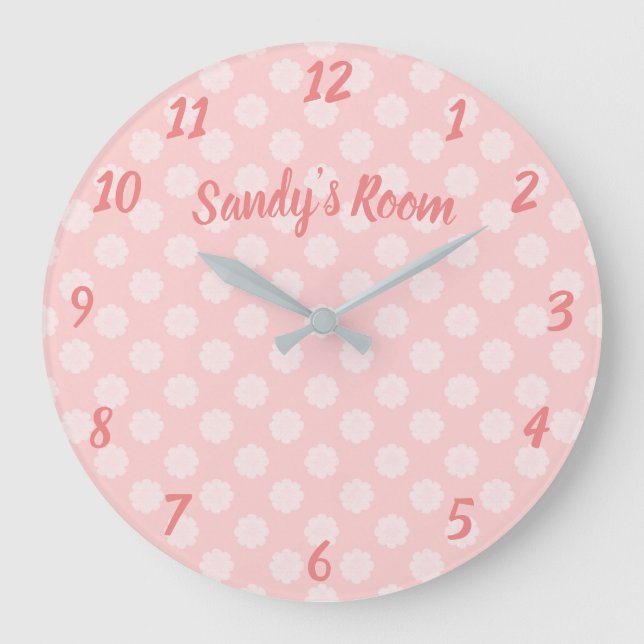 Hübsch Pink Polka Dots Niedlich Girly Kinderzimmer Große Wanduhr (Vorderseite)