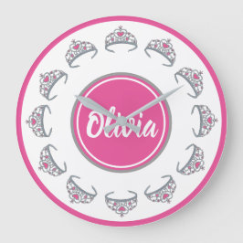 Hübsch Pink Princess Party Silver Tiara Crown Große Wanduhr