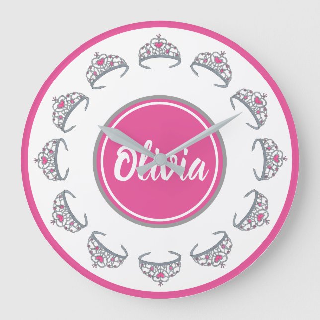 Hübsch Pink Princess Party Silver Tiara Crown Große Wanduhr (Vorderseite)