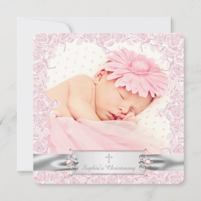 Hübsch Pink Rose Christening Einladung (Vorderseite)
