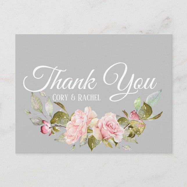 Hübsch Pink Roses Bouquet auf Gray Vielen Dank Postkarte (Vorderseite)