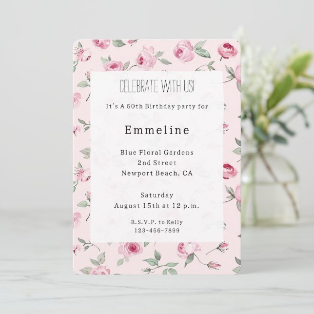 Hübsch Pink Roses Floral Geburtstag Einladung (Stehend Vorderseite)