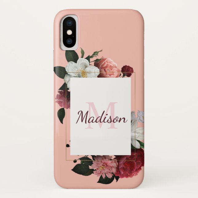 Hübsch Pink Roses Girly Floral Anfangsname Case-Mate iPhone Hülle (Rückseite)
