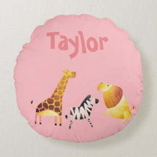 Hübsch Pink Safari Zebra Giraffe Lion Rundes Kissen