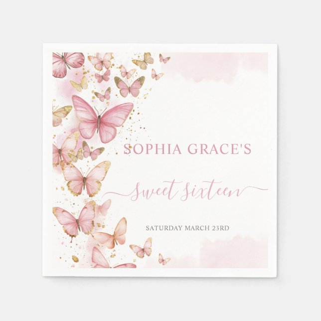 Hübsch Pink Schmetterlinge Sweet 16 Quinceanera XV Serviette (Vorderseite)
