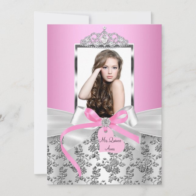 Hübsch Pink Silver Bow & Rose Foto Quinceanera Einladung (Vorderseite)
