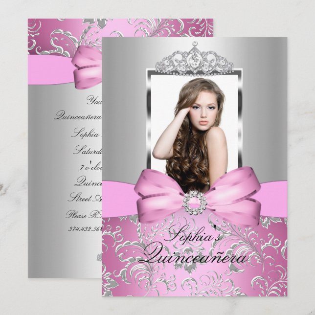 Hübsch Pink Silver Bow & Tiara Quinceanera Einladung (Vorne/Hinten)