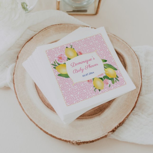 Hübsch Pink Tiles Lemons Girl Baby Dusche Party Serviette (Pretty pink and white lemons baby girl shower napkin design)
