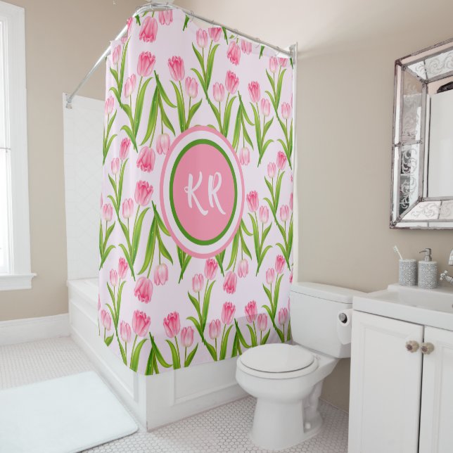 Hübsch Pink Tulip Floral Blume Blätter Monogramm Duschvorhang (Beispiel)