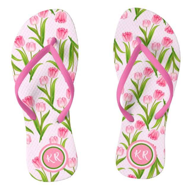 Hübsch Pink Tulip Floral Blume Blätter Monogramm F Flip Flops (Fußbett)