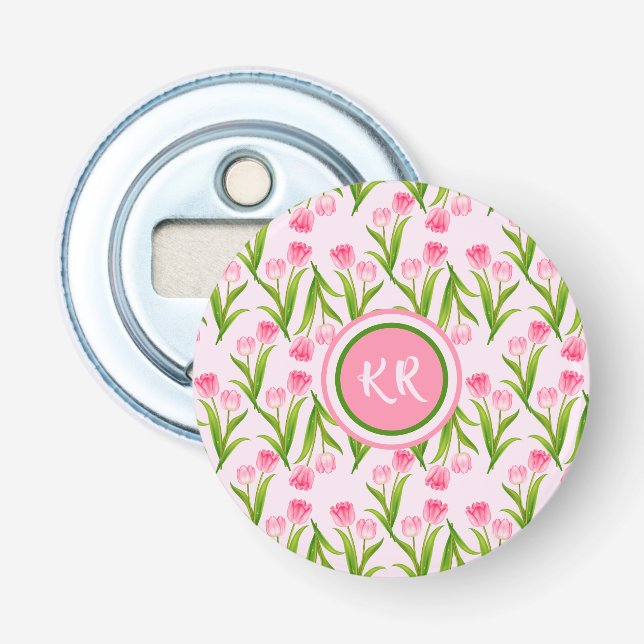 Hübsch Pink Tulip Floral Blume Blätter Monogramm Flaschenöffner (Vorderseite)