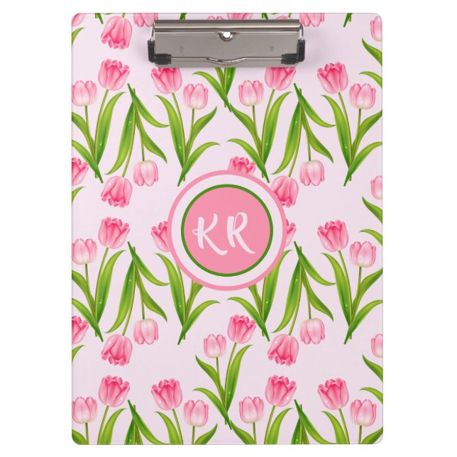 Hübsch Pink Tulip Floral Blume Blätter Monogramm Klemmbrett (Vorderseite)