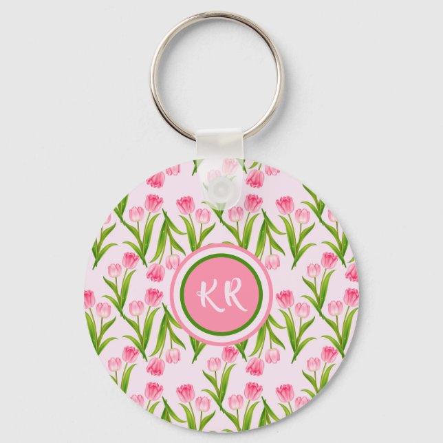 Hübsch Pink Tulip Floral Blume Blätter Monogramm Schlüsselanhänger (Vorderseite)