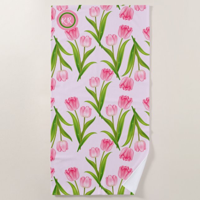 Hübsch Pink Tulip Floral Blume Blätter Monogramm Strandtuch (Vorderseite)