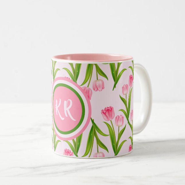 Hübsch Pink Tulip Floral Blume Blätter Monogramm Zweifarbige Tasse (VorderseiteRechts)