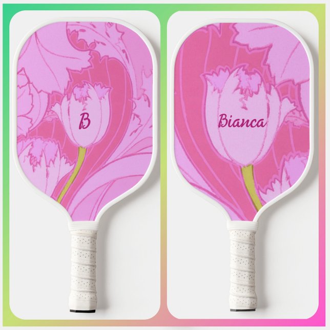Hübsch Pink Tulip Floral mit Namen und Initialen Pickleball Schläger (Von Creator hochgeladen)