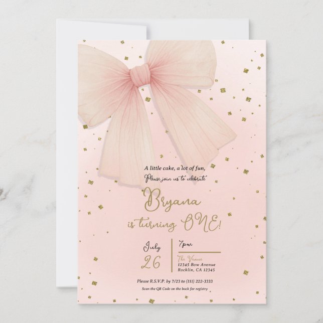 Hübsch Pink Tulle Bow & Gold Confetti 1. Geburtsta Einladung (Vorderseite)