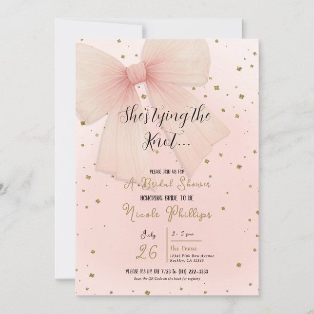 Hübsch Pink Tulle Bow Gold Confetti Brautparty Einladung (Vorderseite)