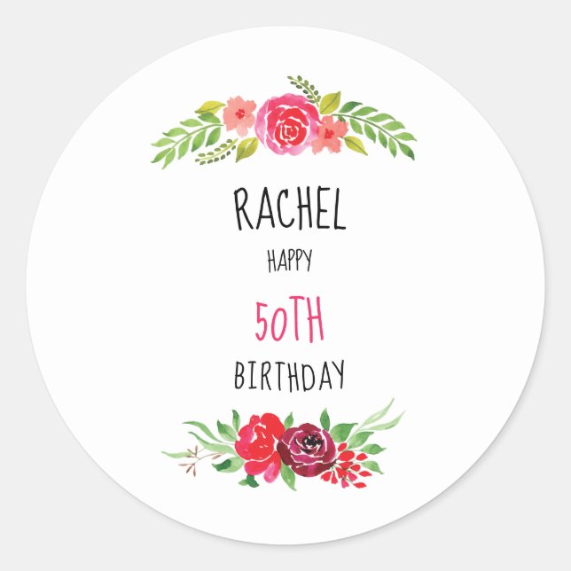 Hübsch Pink Watercolor Rose Happy Birthday Text - Runder Aufkleber (Vorderseite)