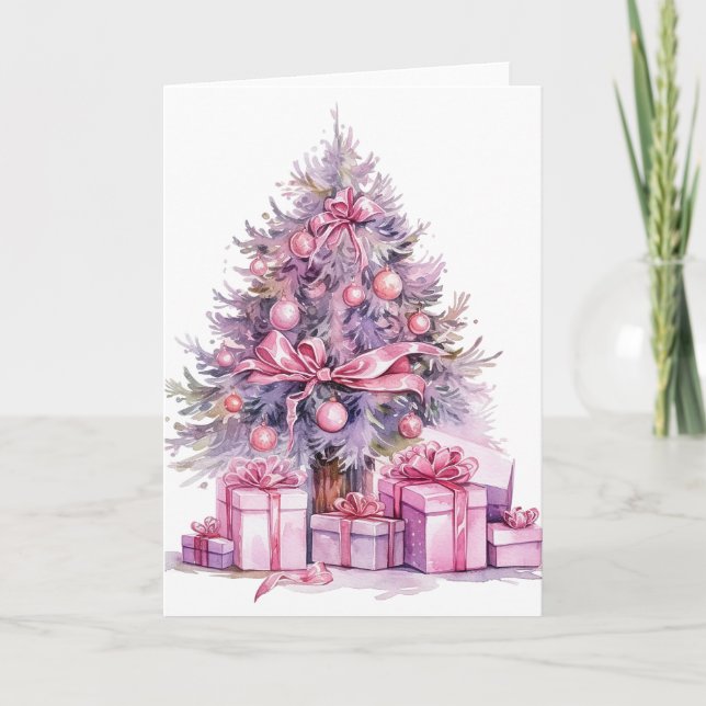 Hübsch Pink Watercolor Weihnachtsbaum Karte (Vorderseite)