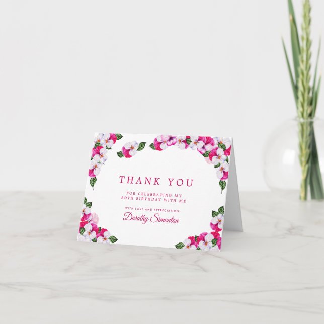Hübsch Pink White Floral 80. Geburtstag Dankeskarte (Vorderseite)