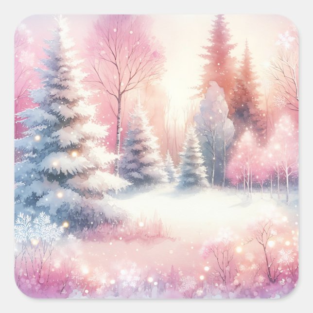 Hübsch Pink Winter Wonderland Weihnachten Quadratischer Aufkleber (Vorderseite)