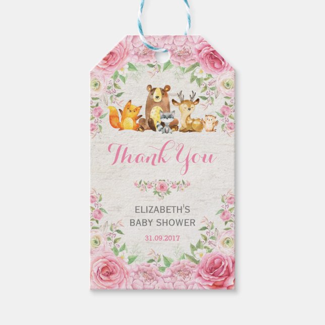 Hübsch Pink Woodland Forest Girl Baby Dusche Gefal Geschenkanhänger (Vorderseite)