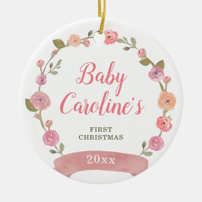 Hübsch Pink Wreath Personalisiert Girl Weihnachten Keramik Ornament (Vorne)