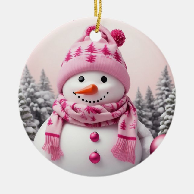 Hübsch Pink Xmas Snowman Keramik Ornament (Vorne)
