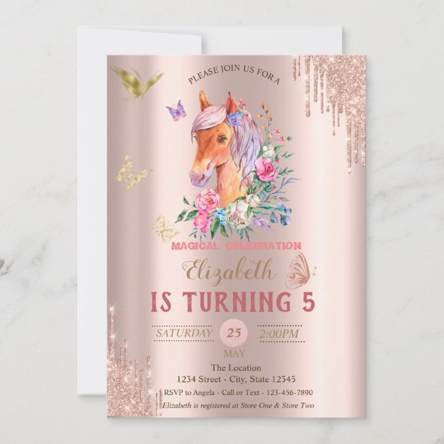 Hübsch Pony Butterfells Rose Gold Tropfen Geburtst Einladung (Vorderseite)