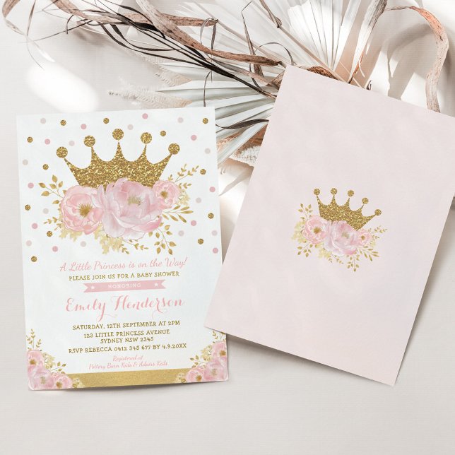 Hübsch Princess Gold Crown Pink Floral Baby Dusche Einladung (Von Creator hochgeladen)