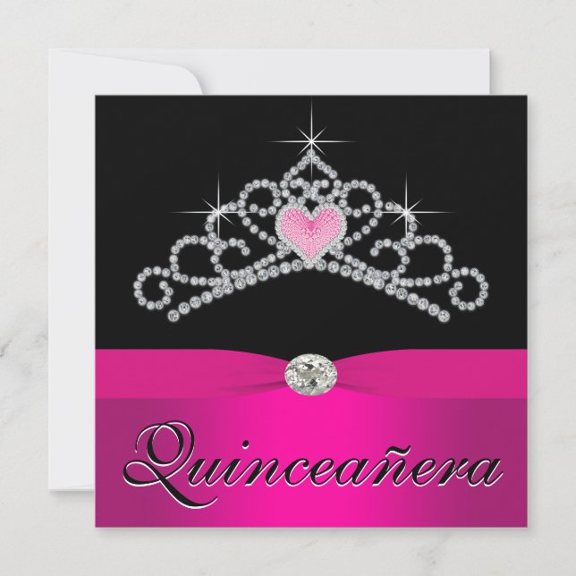 Hübsch Princess Tiara Hot Pink Quinceanera Einladung (Vorderseite)