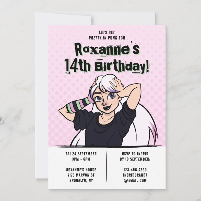 Hübsch Punk Cartoon Teen Girl 14. Geburtstag Einladung (Vorderseite)