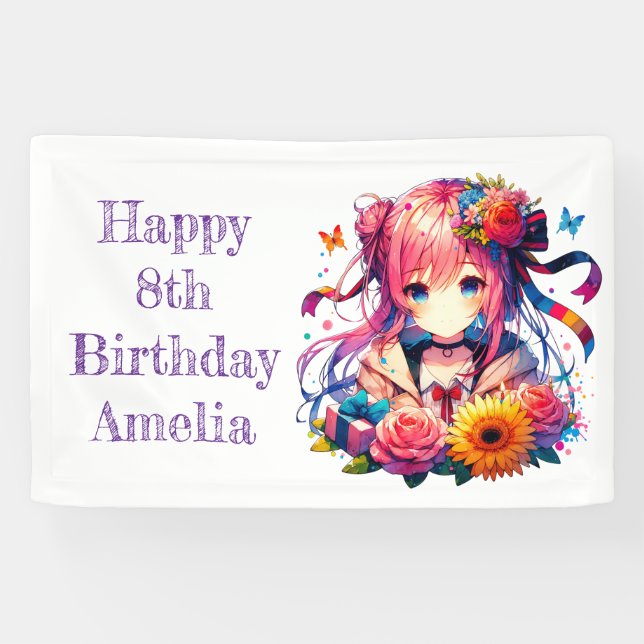 Hübsch Rainbow Anime Girl Personalisiert Geburtsta Banner (Horizontal)