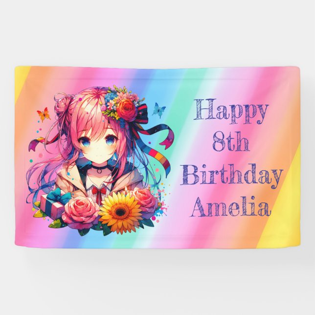 Hübsch Rainbow Anime Girl Personalisiert Geburtsta Banner (Horizontal)