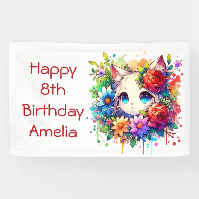 Hübsch Rainbow Anime Kitten Personalisiert Geburts Banner (Horizontal)