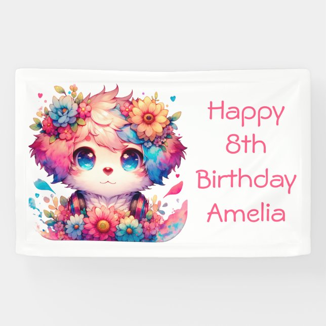 Hübsch Rainbow Anime Puppy Personalisiert Geburtst Banner (Horizontal)
