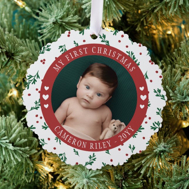 Hübsch Red Berry Pattern Baby's First Christmas Ornament Karte (Insitu (Baum))
