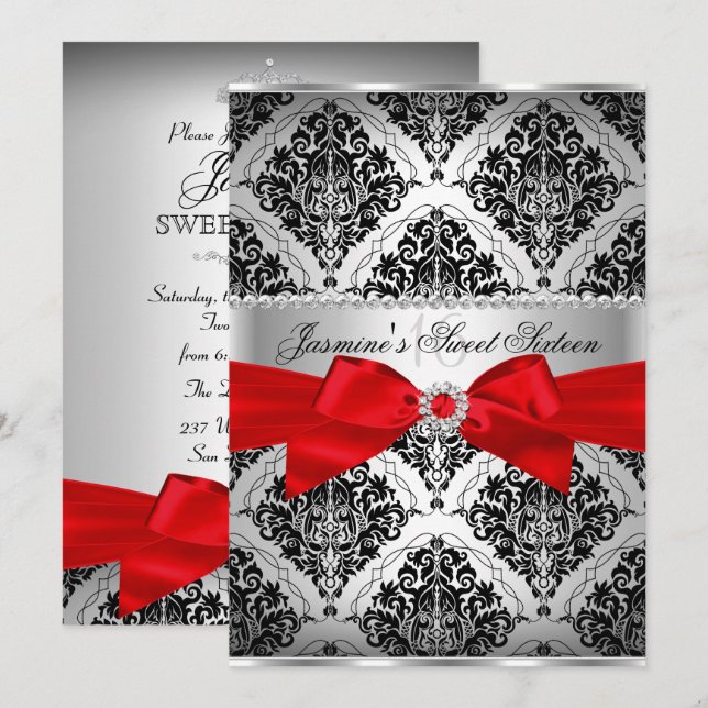 Hübsch Red Black Damask Sweet 16 Einladung (Vorne/Hinten)