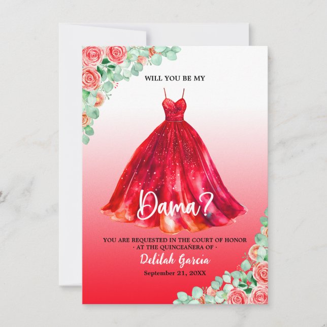 Hübsch Red Quinceañera Dama Vorschlag Einladung (Vorderseite)