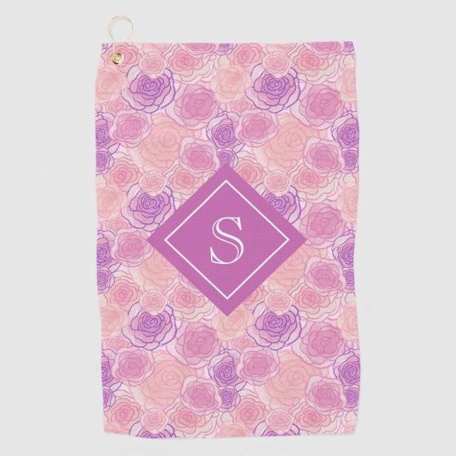 Hübsch Retro Lila Rose Floral Monogramm Golfhandtuch (Vorderseite)