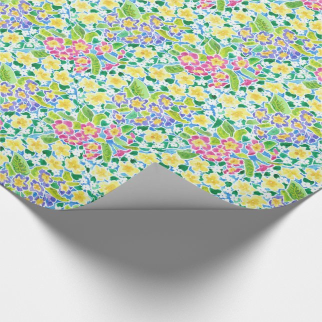 Hübsch, rosa, blau, gelbe Primrosen, blühend Geschenkpapier (Ecke)