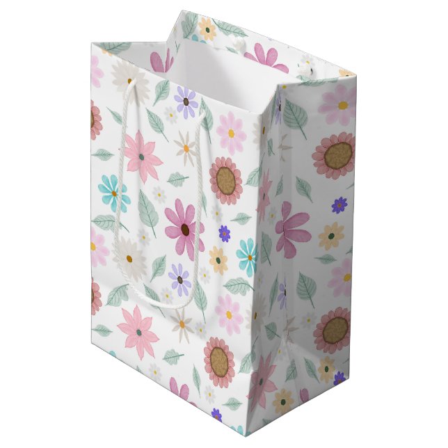 Hübsch rosa Blume Groovy Retro Design Mittlere Geschenktüte (Vorderseite Schrägansicht)