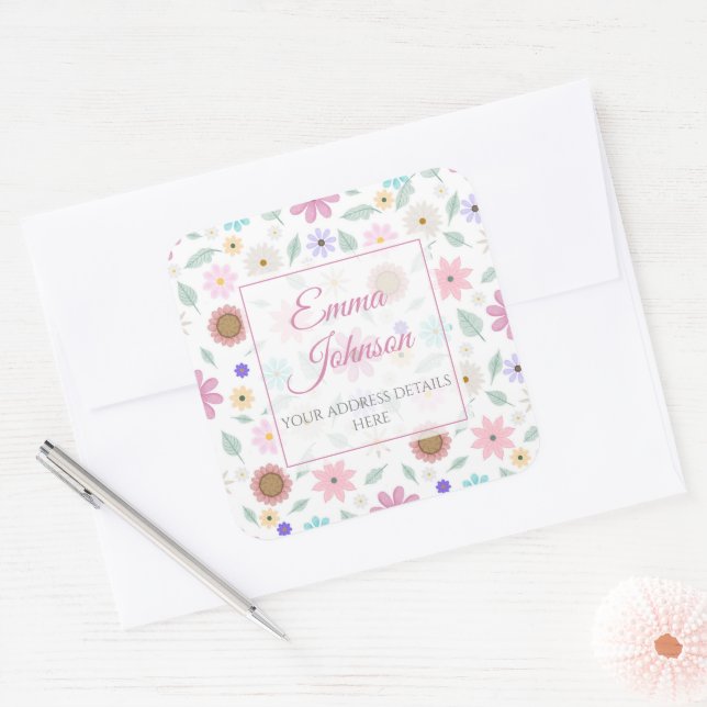 Hübsch rosa Blume Groovy Retro Design Quadratischer Aufkleber (Umschlag)